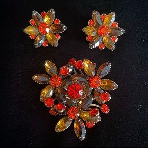 Vintage Signed Judy Lee Orange & Yellow Topaz Rhinestone Brooch and Earrings set